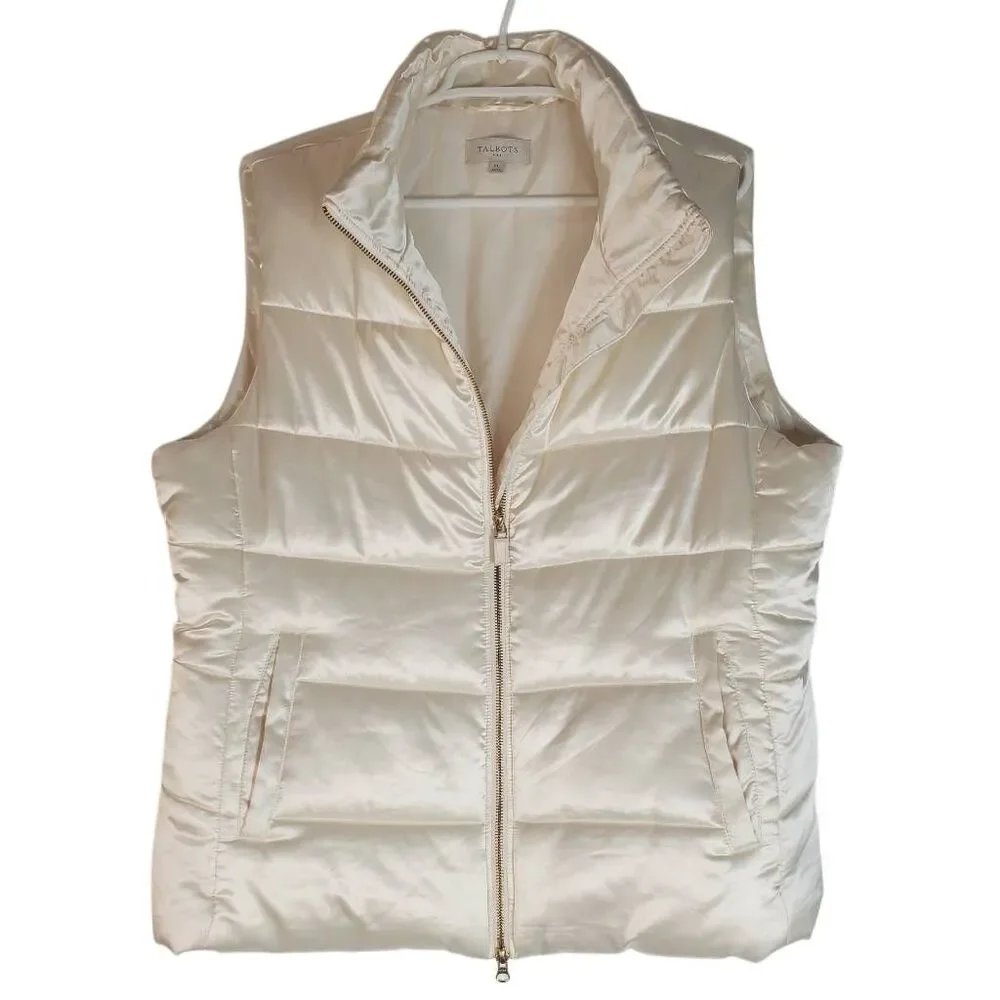 Talbots Striped Quilting Full‎ Zip Sleeveless Puffer Vest Ivory XL